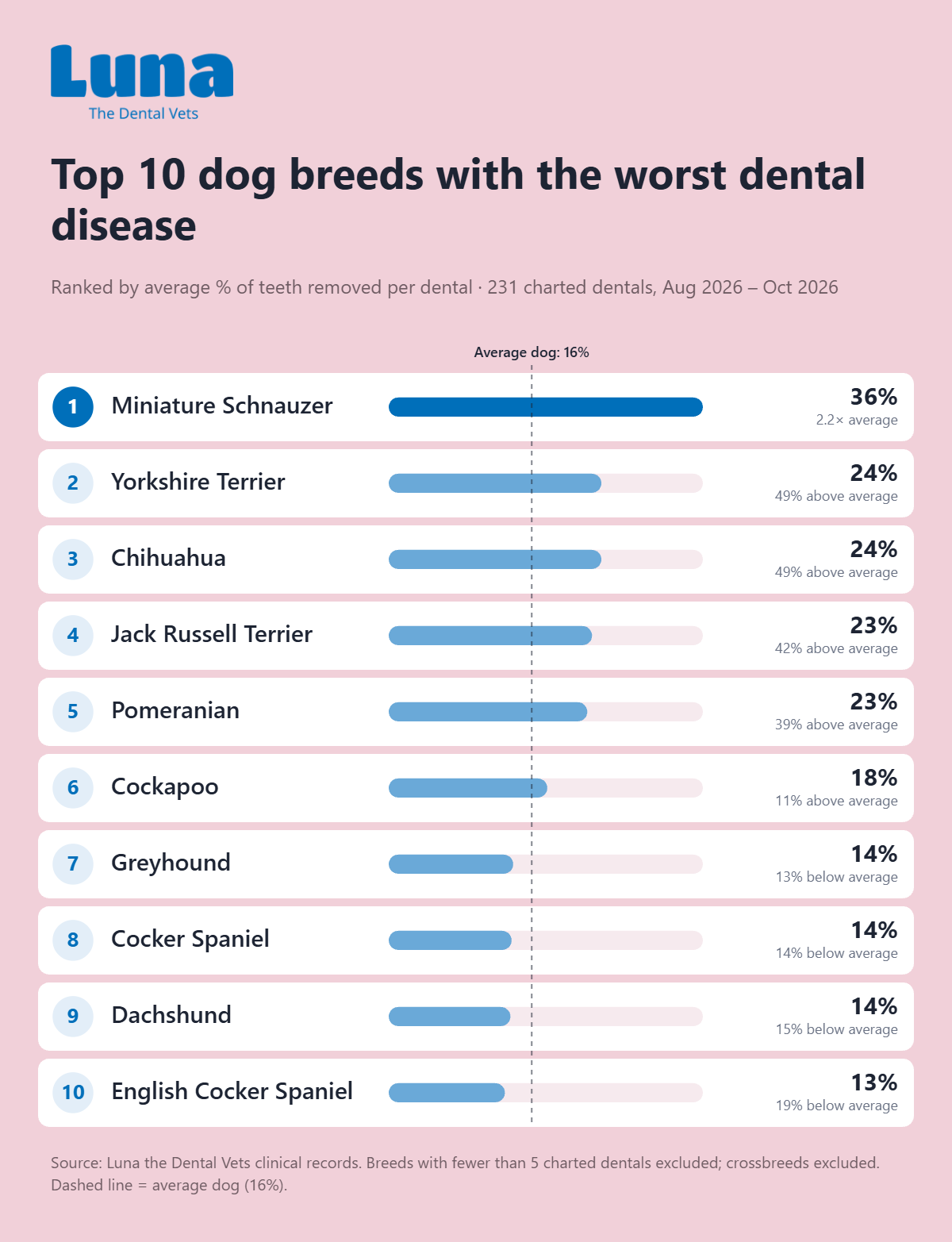 Luna's chart of the 10 dog breeds with the most teeth removed per dental, from 231 charted dentals, August to October 2026: Miniature Schnauzer 36% of teeth, Yorkshire Terrier 24%, Chihuahua 24%, Jack Russell Terrier 23%, Pomeranian 23%, Cockapoo 18%, Greyhound 14%, Cocker Spaniel 14%, Dachshund 14% and English Cocker Spaniel 13%, against 16% for the average dog