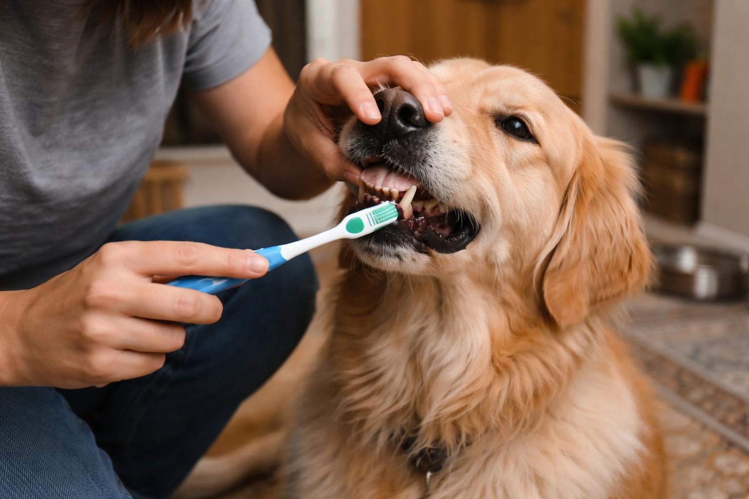 An owner brushing a golden retriever's teeth